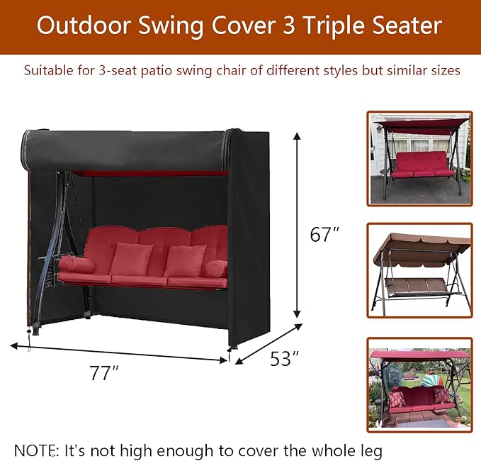 FLYMEI Outdoor Swing Cover 3 Triple Seater Hammock Cover for Porch Swing Canopy Glider Chair and Other Patio Furniture, Waterproof Windproof All Weather Protection, 77'' (L) x 53''(W) x 67''(H)
