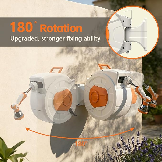 Garden Hose Reel 100ft, 1/2 Inch water hose, Wall Mounted and 180 Deg Swivel Bracket, Slow Retraction Any Length Lock 10 Spray Nozzle