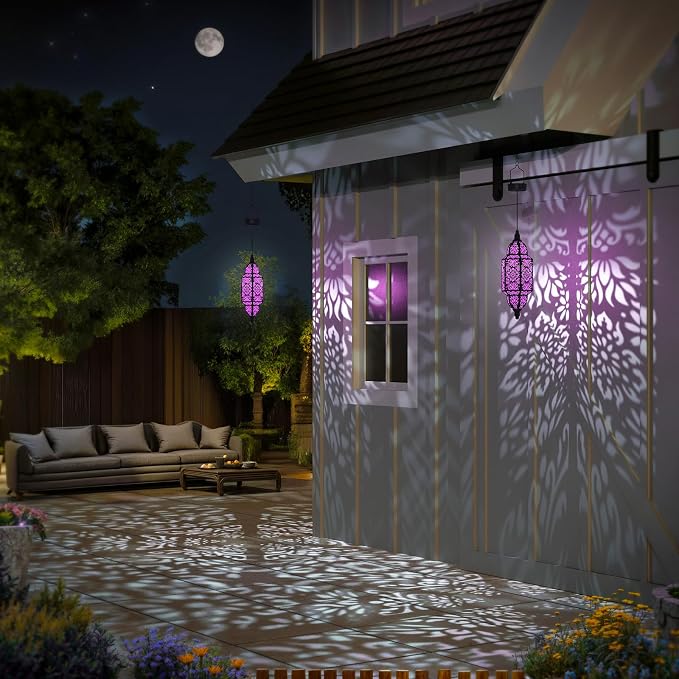 Twinkya Hanging Solar Lights Outdoor Garden Decorative Solar Lantern Waterproof Metal Moroccan Outdoor Decorations for Patio Pathway Yard Porch Backyard Garden Decor (Purple, 1 Pack)