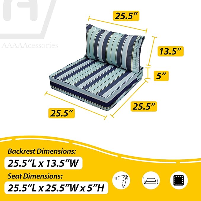 AAAAAcessories Outdoor Seat Cushions for Chairs, Fade-Resistant, Waterproof Patio Furniture Replacement Cushions, 25.5" x 25.5" x 5" + 25.5" x 13.5", Ash Teal Seaside Stripe