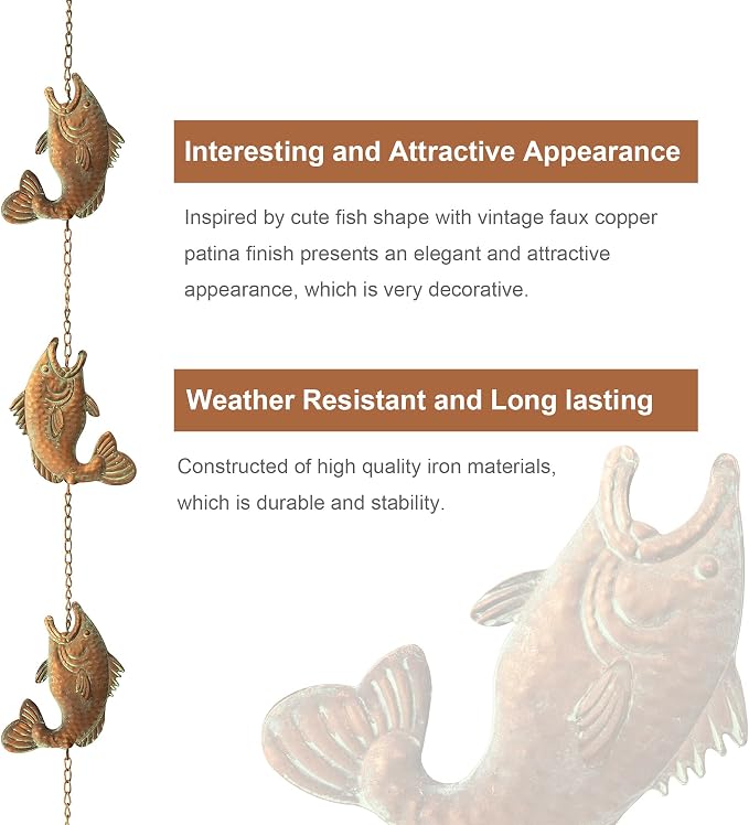 Glitzhome 8.5 FT Fish Shaped Rain Chains, Faux Copper Patina Finish Rain Chains for Gutters with 9 Fish, Adjustable Rain Catcher Chain with V-Shaped Gutter