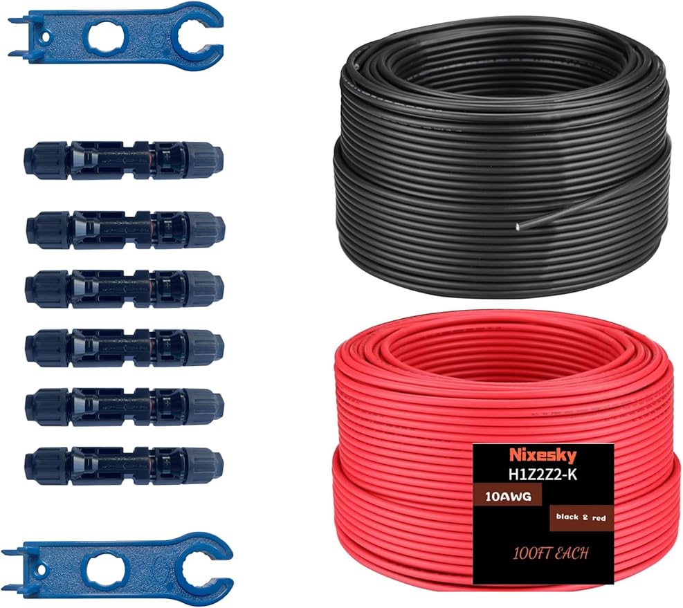 Solar Cable 50Ft 15M 10 awg Wire, 50FT Black + 50FT Red 10 Gauge Solar Extension Cable Wire with 4 Pairs Solar Connectors for RV, Photovoltaic Systems (50, Black red)