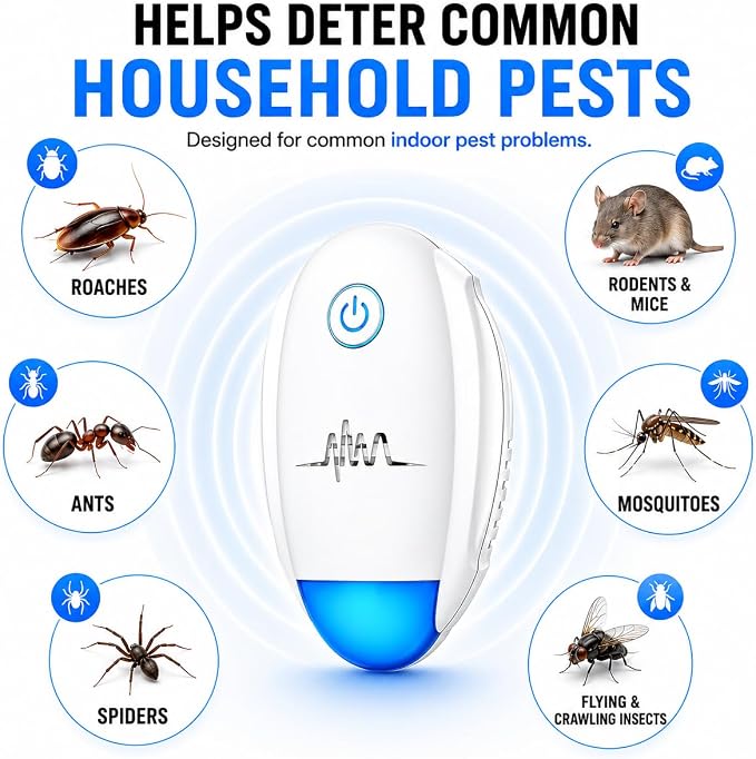 2026 Upgraded Ultrasonic Repeller, Indoor Ultrasonic Repellent, Electronic Plug in Pest Control for Bugs,Mosquito,Roach, Ant, Rodent, Mouse, Spider Repellent for House, Warehouse, Garage (White)