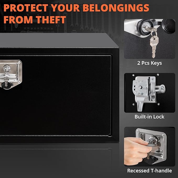 Black Steel Underbody Truck Tool Box with t-Handle Lock & Keys, Heavy Duty Storage Organizer Tool Chest for Pickup Truck Bed, RV & Trailer