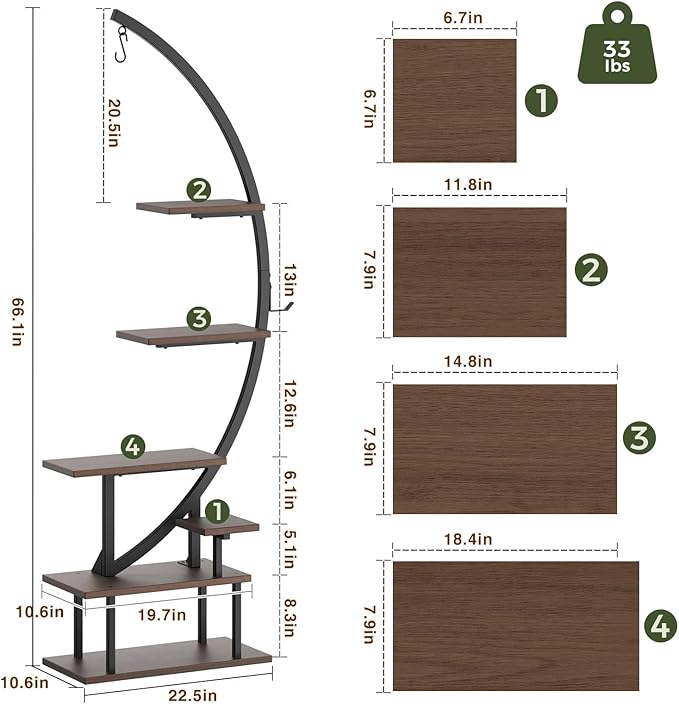 GREENSTELL Plant Stand with Grow Lights, Half Moon 7 Tiered Metal Plant Shelf , Multiple Tier Curved Ladder Flower Pot Stand Display Rack for Indoor Living Room Patio Garden Balcony Dark Brown (1 Pack)