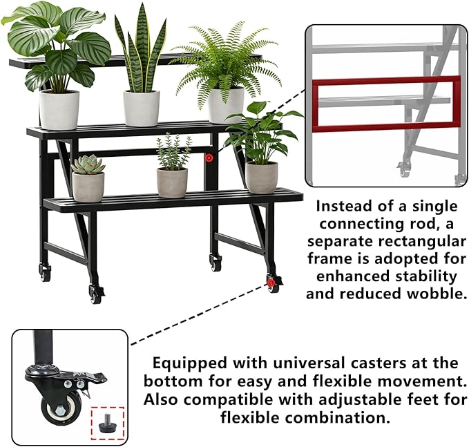 Metal Plant Stand with Wheels, 3-Tier Plant Rack,35.43" Wide Indoor Outdoor Flower Pot Rack, Black, 230 lb Capacity for Patio, Balcony, Living Room