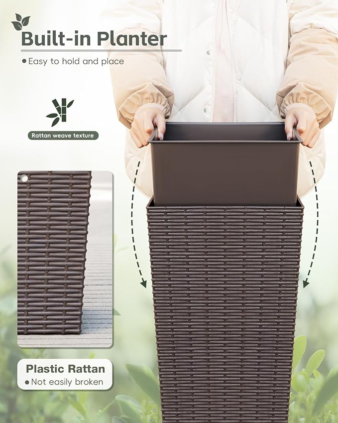 Greesum Set of 2 Tall Plastic Planters with Saucer, 32 Inch Large Pots with Drainage Trays, Weather-Resistant Plastic Plant Containers for Patio, Porch, Garden,Brown