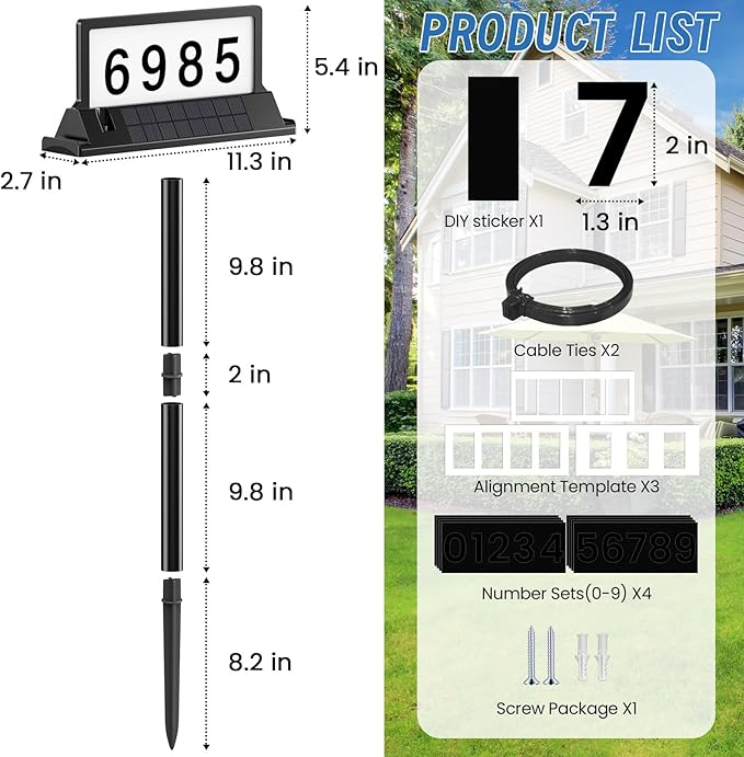Solar Address Sign for House Numbers – Dual-Sided LED & Dual-Sided Solar Panels, 3 Color Modes, IP65 Waterproof Address Plaque, Strong Magnetic/Stake/Wall Mount, Dusk-to-Dawn for Mailbox Yard Driveway