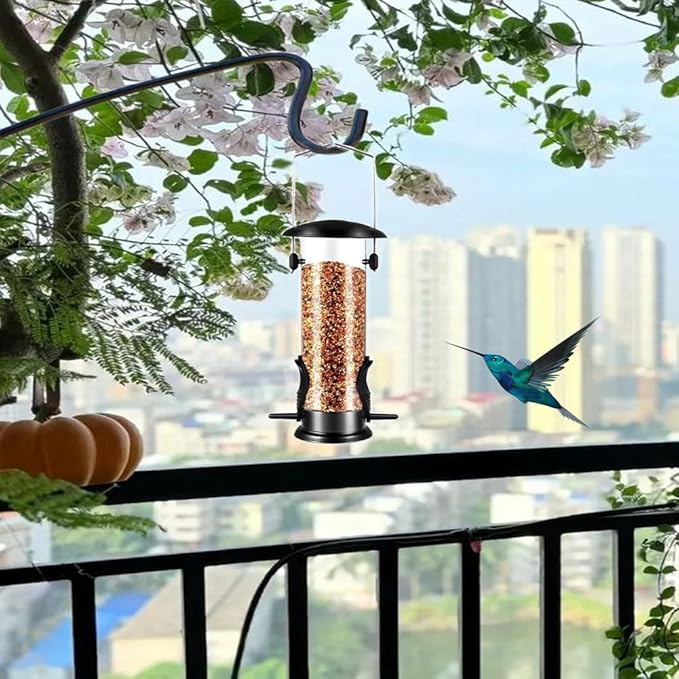 Metal Bird Feeder, Tube Bird Feeders for Outdoors Hanging, Heavy Duty Chew-Proof and Rust-Proof Tube Bird Feeder, Weatherproof & Steel Hanger, Attracting for Wild Birds (Black)