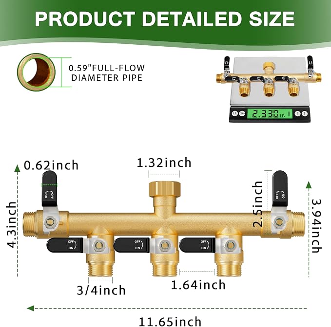 Garden Hose Splitter, 5 Way Heavy Duty Brass Hose Splitter, Water Hose Bib Spigot Splitter with 0.59" Full Flow Ball Valve Outlet & Shut-Off Valve 3/4'' Connector Outdoor Water Faucet Adapter
