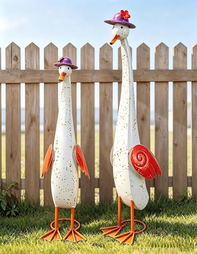22" Duck Garden Statue Set of 2 Metal Ducks | Outdoor Decor Porch Animal Figurine Yard Art Sculptures Rustproof Lawn Ornament for Outside Patio Backyard Decorations