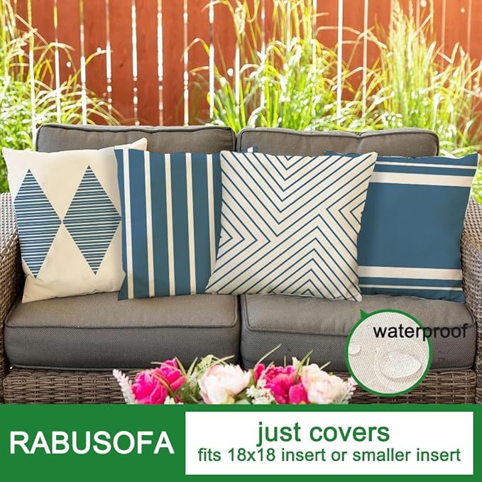 RABUSOFA Outdoor Pillows Waterproof,18x18 inch Blue and White Boho Set of 4 for Patio Furniture,Sunbrella Outdoor Pillow Covers(2B-18) (18"x18")