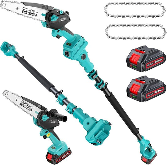 8" Electric Pole Saws for Tree Trimming,Brushless Mini Chainsaw Cordless with Extension Pole 2 Batteries, Battery Powered Hand Held Chain Saw Pole Pruner for Cutting Tree Limbs, Gifts for Men Dad