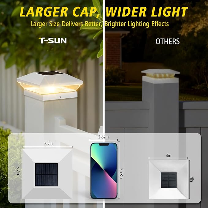 T-SUN Solar Post Cap Lights with Auto-Change Colors- for Wooden (4x4/6x6) & Vinyl (4x4/5x5) Posts | Weatherproof Outdoor Solar Fence Post Lights for Deck, Porch, Garden & Stairs(6-Pack,RGB)