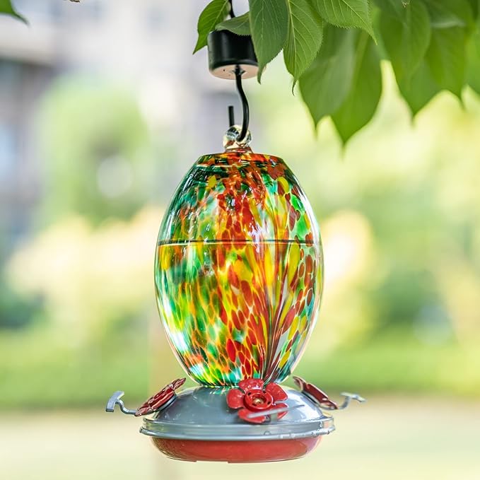 Muse Garden Glass Humming Bird Feeders for Outdoors - 27OZ Blown Glass Hummingbird Feeder - Unique Gift Mom Women, Outdoors Hanging Garden Decor, Includes Ant Moat & Brush, Emerald Peacock