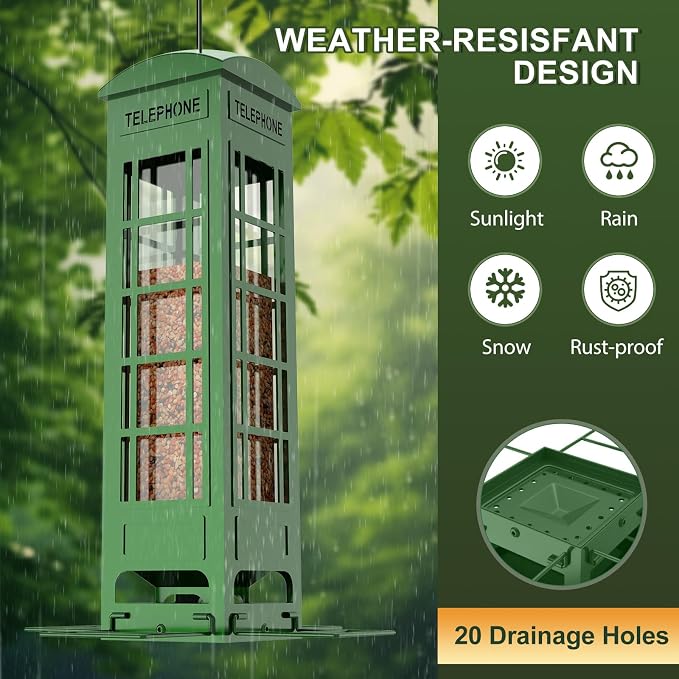 Bird Feeder Squirrel Proof for Outdoors Hanging - Gravity Protection Metal Wild Bird Feeders Tube Bird Seed Feeder with 4 Feeding Ports,2.5LB Large Capacity for Cardinal, Sparrow, Finch, Chickadee