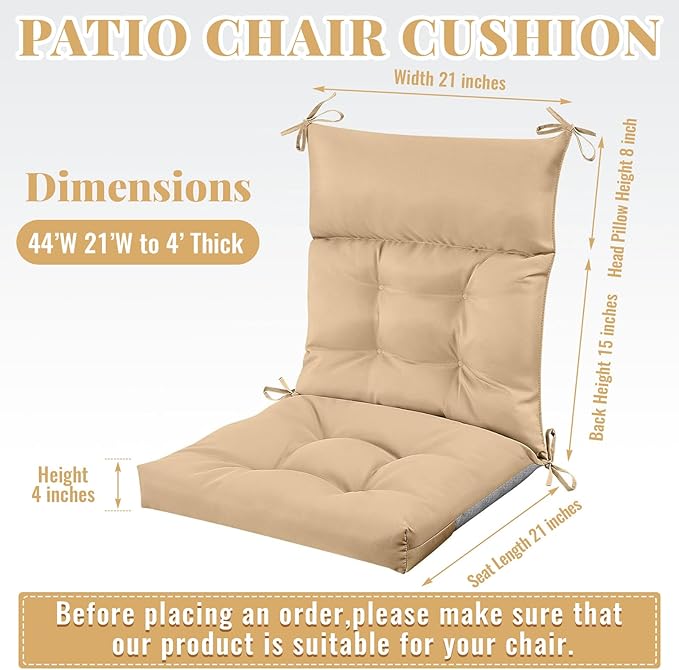 Sintuff 4 Pcs 44 x 21 x 4 Patio Chair Cushions Outdoor Chair Cushion Seat/Back Tufted Pillow with Ties Water Resistant Replacement Indoor Patio Furniture Outdoor Furniture (Solid Color,Beige)