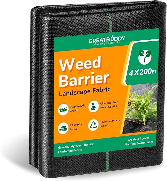 GreatBuddy 4FT × 200FT Weed Barrier Landscape Fabric Heavy Duty, 3.2oz High Density Weed Cloth for Greenhouse, Garden, Yard, Pathway, Ultra Durable Woven Weed Control Ground Cover, Easy Setup