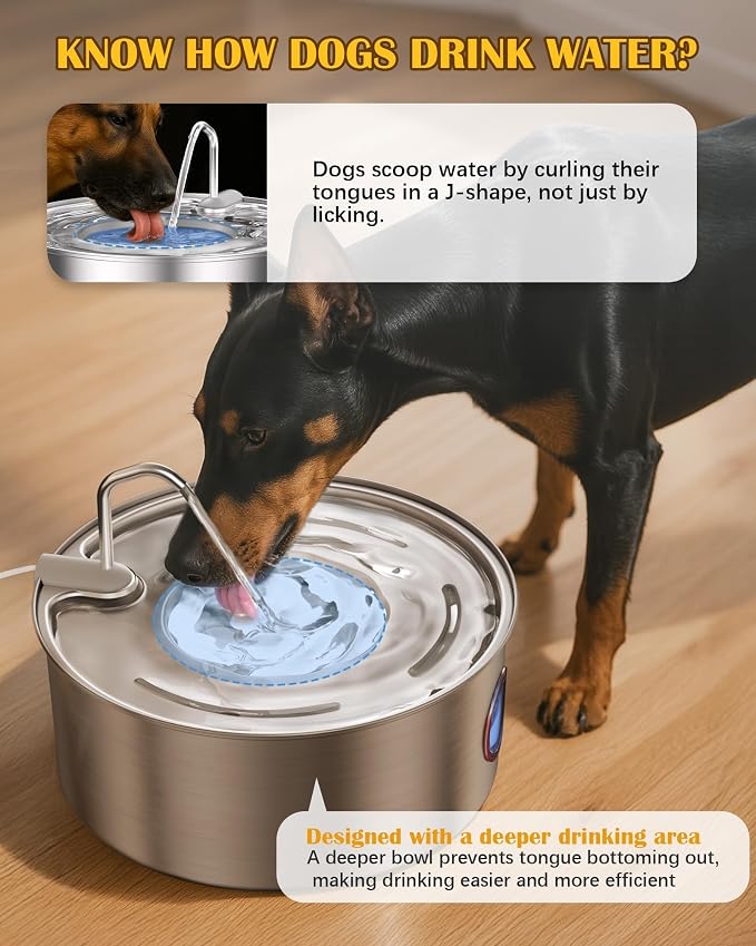 Dog Water Fountain for Large Dogs- 270oz/8L Stainless Steel Dog Water Bowl Dispenser Automatic Pet Water Fountain with Ultra-Quiet Pump/Quadruple Filtration for Dogs, Cats, Multiple Pets