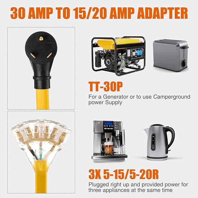 Tellegloww 20 FT Flat RV Generator Adapter Cord NEMA TT-30p to 3X 5-20R/5-15R, 30A to 110V 15/20 A Household Outlet Adapter, 10 Gauge Flat Rv Generator Extension Cord, Etl Listed, Yellow