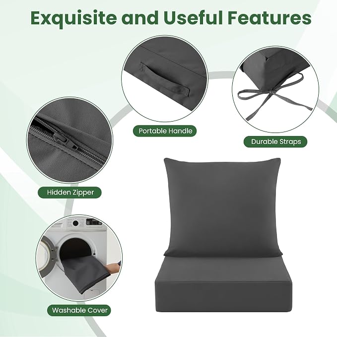 Patio Cushions for Outdoor Furniture, 24x24 Outdoor Couch Cushions, Waterproof & Fade-Resistant Patio Chair Cushions with Removable Cover, Replacement Outdoor Deep Seat Cushion, Dark Grey (Set of 4)