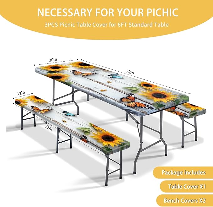 Picnic Table Cover with Bench Covers 72IN 6FT, Camping Essentials Tablecloth Waterproof Oilproof with elastic Edge for Indoor Outdoor Patio (Sunflower Wood Grain)