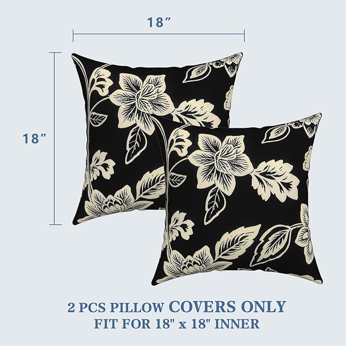 LVTXIII 2 Pack Outdoor Pillow Covers ONLY 18x18 Inch, Water-Repellent Square Decorative Cushion Covers for Patio Furniture, Garden, Sofa, Elegant Vines Black