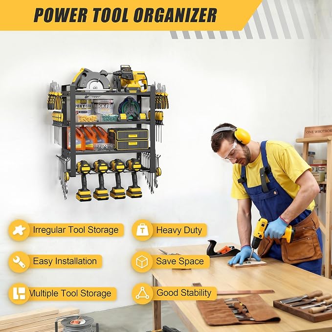Jusgym Power Tool Organizer Wall Mount |200lbs Garage Tool Storage Rack with 4 Cordless Drill Holder |4-Tier Heavy Duty Garage Organization |Gifts for Men
