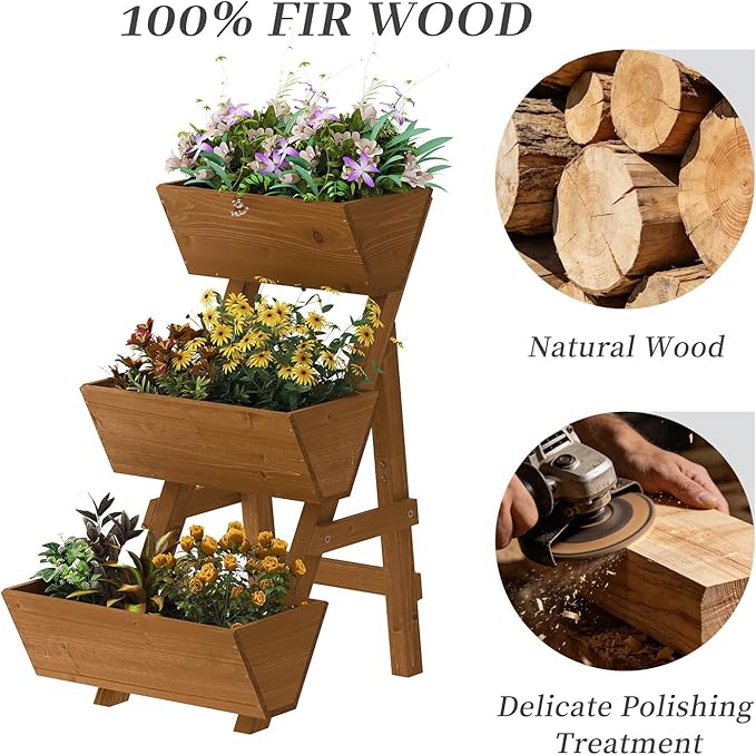 Kitsanery 3-Tiers Wooden Raised Garden Bed,Wood Planter Box for Vegetable,Flower Rack,Flower Pot Stands,Indoor Outdoor Gardening Planting Beds (Brown, Small)