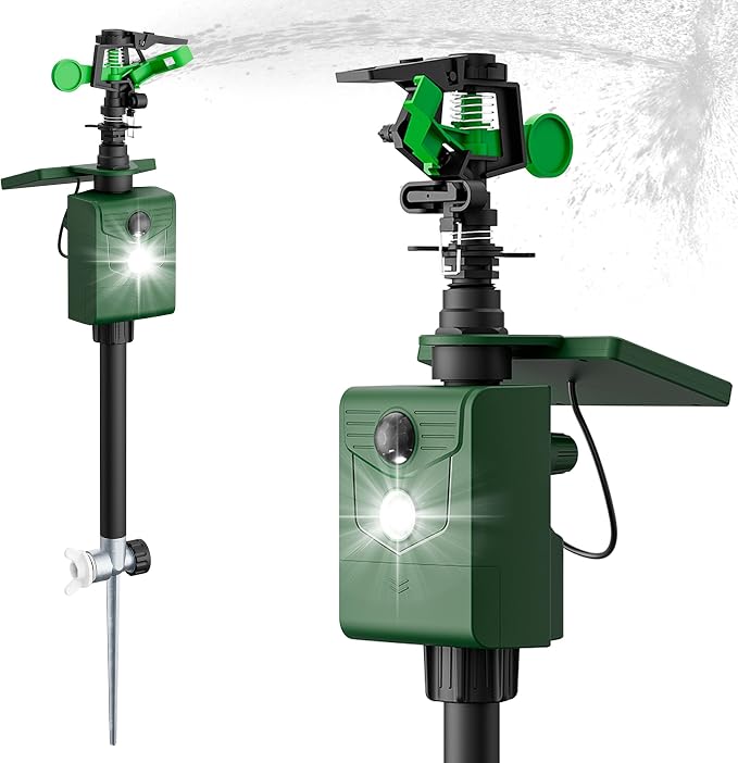 Motion Activated Animal Repeller with Water Sprinkler, Deer Repellent Devices Solar Powered, IP65 Waterproof Cat Repellent Outdoor with Flashing Light, Deter Deer Foxes Skunks Raccoons from Garden
