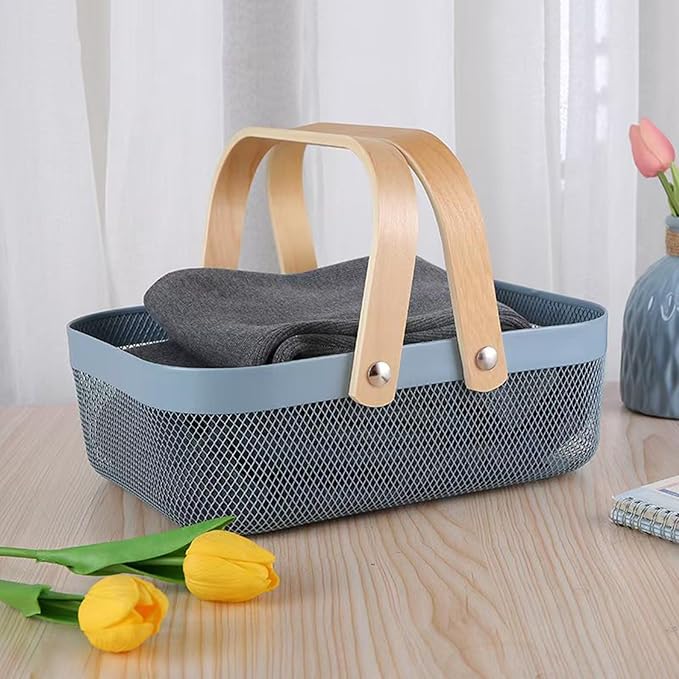 AJIODA Metal Mesh Steel Basket, Storage Organizer Baskets Garden Harvest Basket Multi-functional Kitchen Fruit Baskets Bin with Wooden Handle for Bathroom Picnic Shopping Decor Cabinet Home, Blue