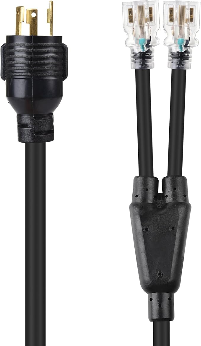 Cable Matters LED-Lit 3 Prong 30 Amp to 15 Amp Adapter for Generator (30A to 110 Adapter Splitter) 3 Feet - NEMA L5-30P to 2X 5-20R
