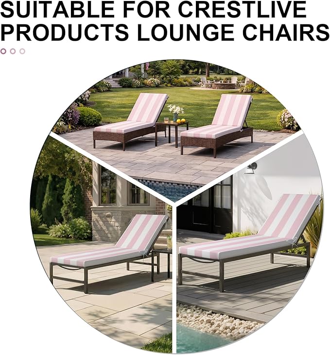 Crestlive Products Outdoor Chaise Lounge Cushions Set of 2, 3 Years Fade Resistant Water Resistant Lounge Chair Cushion, 80''L x 23''W, Pink White Stripe