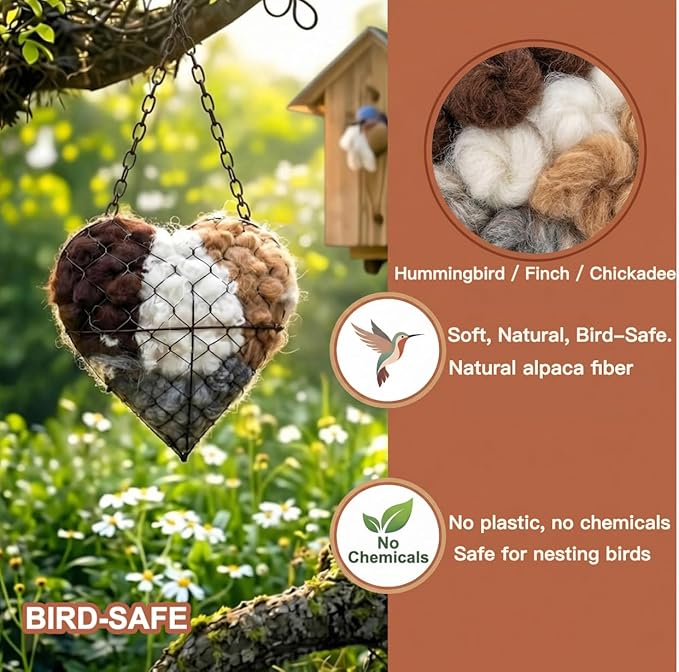 Handmade Alpaca Fiber Bird Nesting Heart – Refillable Bird Haven with 2 Nesting Material Refill Bags – Eco-Friendly Hanging Nest for Hummingbirds & Wild Birds, Garden & Yard Décor (1Sets)