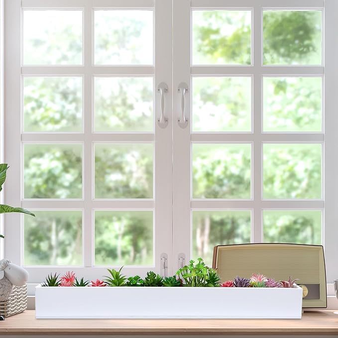 FillTouch 2 Pcs Long Rectangular Planter Box Window Sill Plant Box Metal Water Trough Indoor Large Modern Steel with Drainage Holes Herb Garden Home (32 x 3.5 x 3.5 Inch,White)