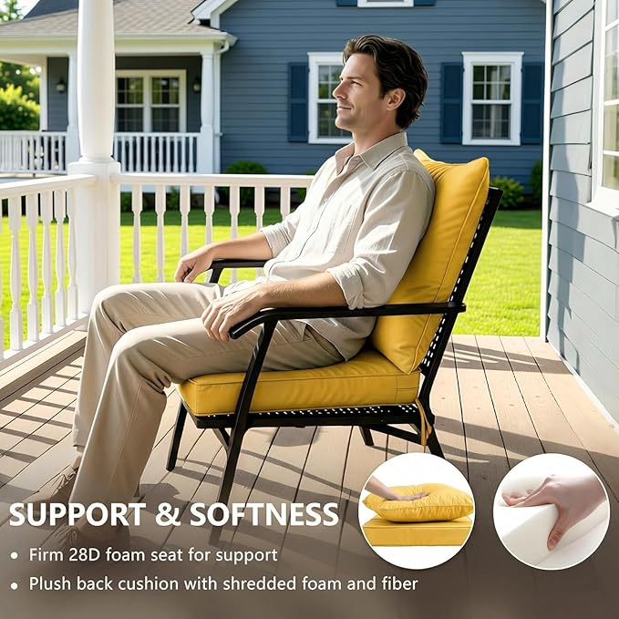 24x24 Inch Outdoor Chair Cushions Set of 4, Patio Furniture Cushions - Removable Cover, Water-Repellent, Fade-Resistant, Non-Slip Bottom & Straps, Replacement for Deep Seat Sofa & Couch - Yellow