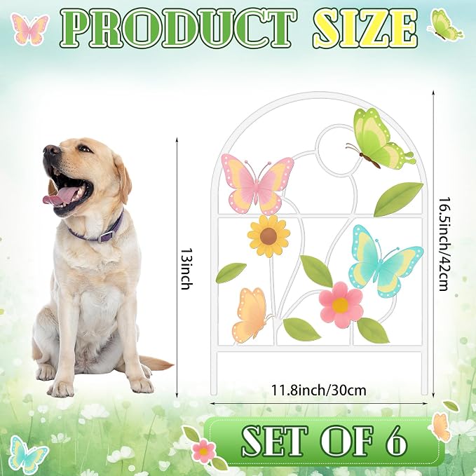 Yaocom 6 Pack Pastel Butterfly Decorative Garden Fence 16.5''h x 11.8''w Animal Barrier Border Butterfly Flower Design Metal Arch Fence Panel for Spring Outdoor Patio Yard Landscape Decoration
