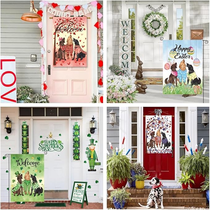 Dogs Theme 12PCS seasonal garden flags Double Sided 12 x 18 Inch Yard Flags, Small Garden Flags for Outside，Spring Summer 4th of July Easter Outdoor Flags, Holiday Garden Flags for All Seasons