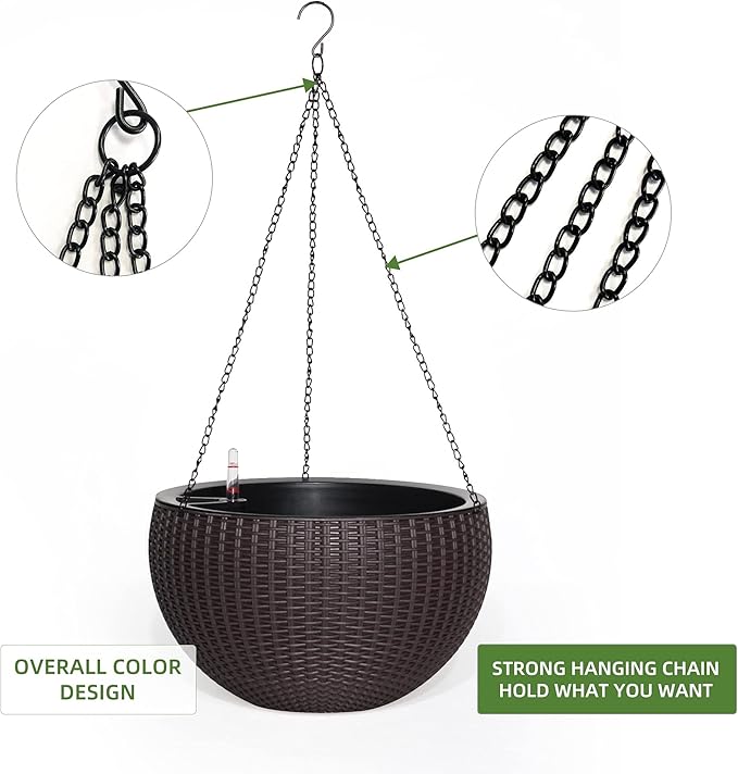 Dexceder 13.5 Inch Self Watering Hanging Planter (Brown) | Thickened Large Hanging Basket Flower Plant Pot with Water Level Indicator Indoor Outdoor