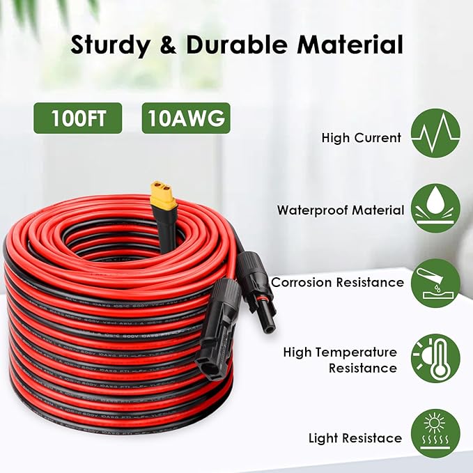 MOOKEERF Solar to XT60 Extension Cable 10AWG 100FT Solar Connector to XT60 Adapter Cable for Solar Panel to Portable Power Station Solar Generator Battery Pack