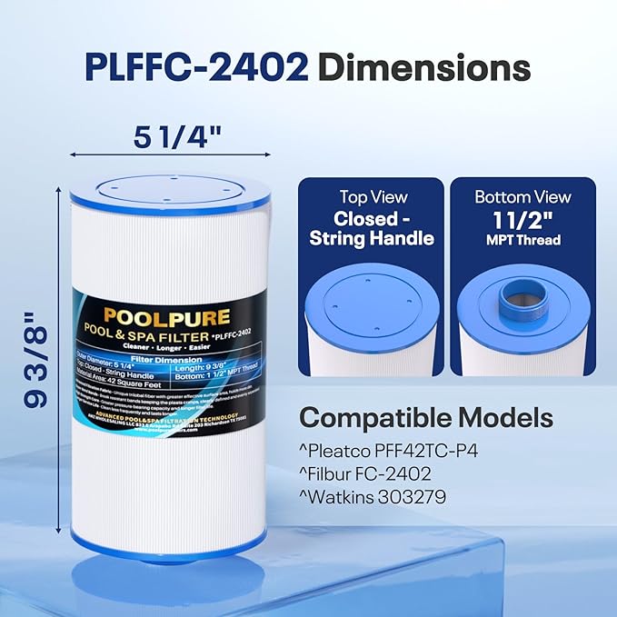 POOLPURE Spa Filter Replaces Watkins 303279, PFF42TC-P4, 5CH-37, 78460, FC-2402, Lifesmart, Freeflow, AquaTerra, Hydromaster, Grandmaster, Simplicity, Bermuda Hot Tub Filters 1PACK