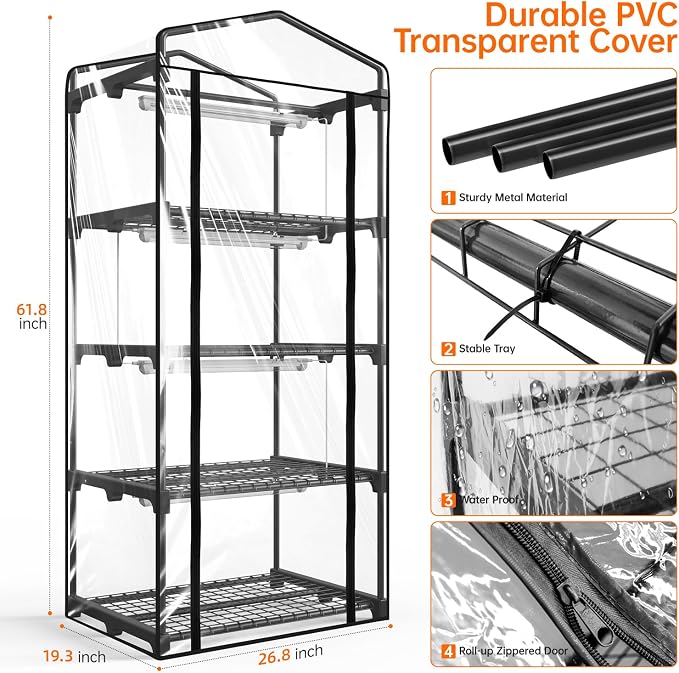Bstrip Indoor Greenhouse with Grow Light, Mini Green House with 4 Pack 20W Full Spectrum Plant Lights with Timer, Plant Shelf with Tent for Indoor Plant, Seed Starting, Seed Tray, 27.2"x19.9"x61.8"