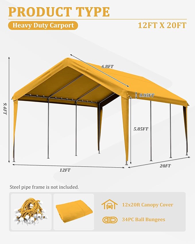 Carport Canopy Replacement Cover 12x20 Heavy Duty Outdoor Portable Car Canopy Oxford Waterproof UV & Tear Resistant Garage Canopy with Ball Bungees (Frame is Not Included)
