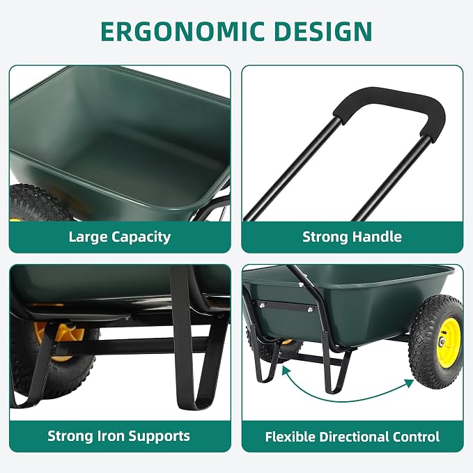 2 Wheel Wheelbarrow, Dual-Wheel Garden Dump Cart with 10" Non-Slip Pneumatic Tires & Ergonomic Padded Handle, Heavy-Duty Home Utility Yard Cart Wagon with 3 Cu Ft Capacity for Lawn, Gardening