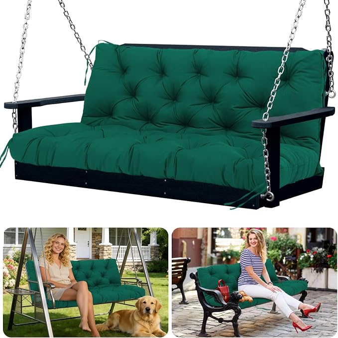 Porch Swing Cushions 3 Seater Replacement Thicken 5" Waterproof & Fade Resistant Swing Cushions for Outdoor Furniture Bench Patio Swing Cushion with Backrest & Ties(Dark Green 55x40x5inch)