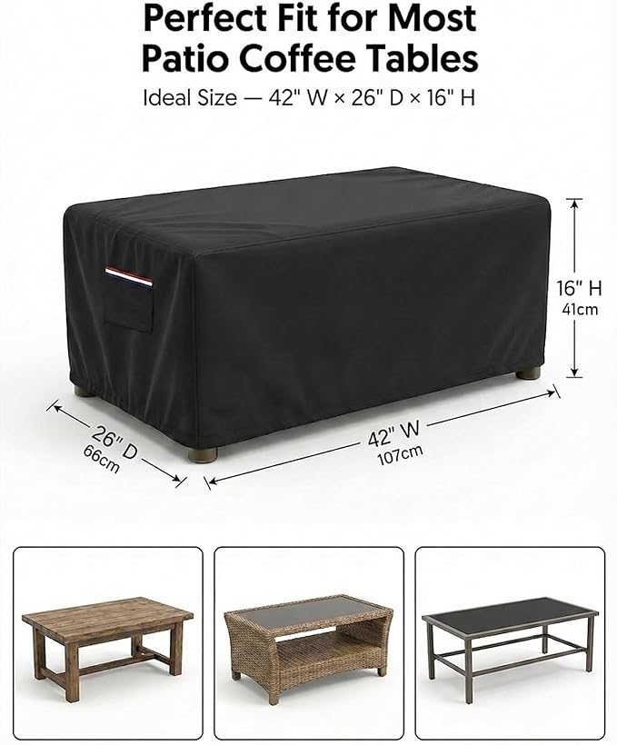 Waterproof Rectangular Patio Coffee Table Cover, 600D Heavy Duty Outdoor Furniture Protection Weather UV Resistant for Patio Furniture Protective Garden Table Cover 42 x 26 x 16 inches,Black