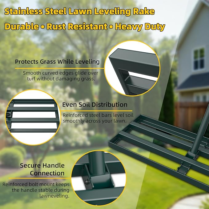 Stainless Steel Lawn Leveling Rake with 70" Adjustable Long Handle – 30"×10" Lawn Leveler for Yard & Garden Soil Leveling, Heavy Duty Top Dressing Rake for Lawn Repair, Landscaping & Grass Care