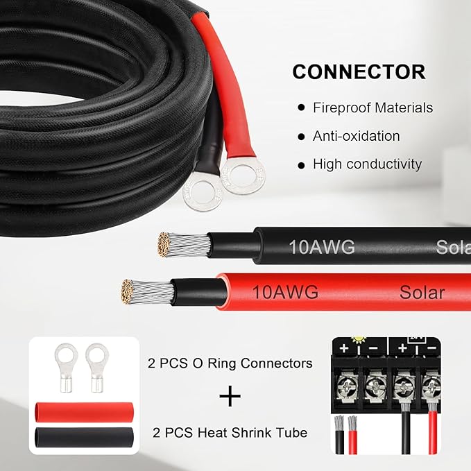 MOOKEERF Solar Battery Cable - 10 Gauge 10FT Power Inverter Cable with PV Flame Retardant Protective Sleeving Connect Battery and Charge Controller for Solar Panel Automotive RV Motorcycle Marine