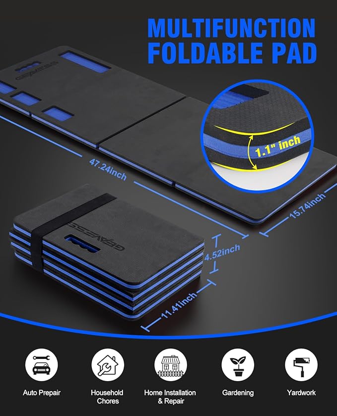 1.1" Foldable Kneeling Pad, Large Supportive Mechanic Mat with Storage Strap & Tool Tray, Extra Thick Comfortable Foam Knee Pad for Gardening, Garage, Workshop Repairing, 47.2"x15.7"