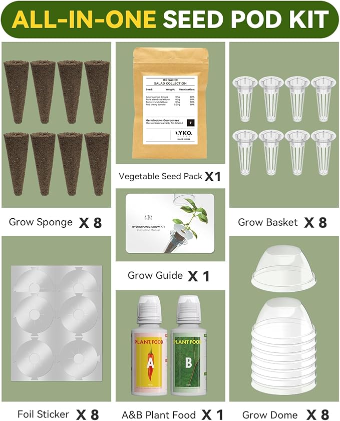 8 Pods Vegetable Salad Green Seed Pod Kit for Aerogarden, Ahopegarden Hydroponics Growing System Indoor Garden, Include American Fast Lettuce, Green Pepper, Cucumber, Parsley, 8 Pods, 500+ Seeds